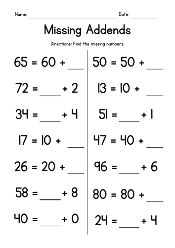 Missing Addends - Addition Worksheets