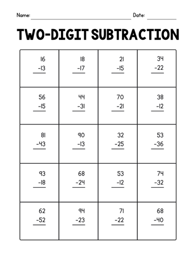 Two Digit Subtraction Worksheets Teaching Resources 6252