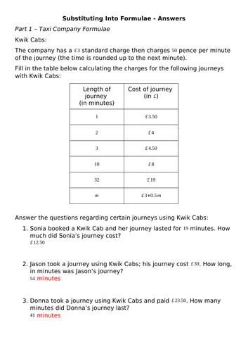 Substituting Into Formulae (Taxis and Furniture)