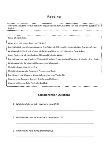 Reading Task - Food and Drink