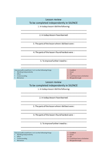 Plenary - Lesson Review Sheet