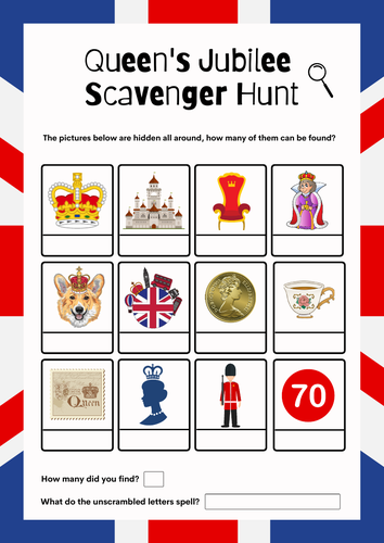 The Queen's Jubilee Scavenger Hunt Game. Fun Find the Clues. Royal Family.