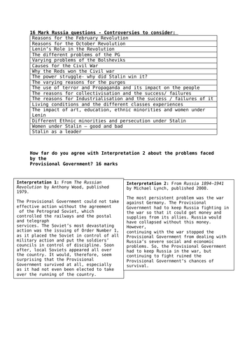 16 mark interpretation questions for Russia Edexcel