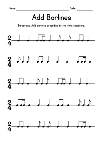 Add Barlines Music Worksheets - 2/4 Time Signature Practice