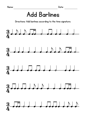 Add Barlines Music Worksheets - 3/4 Time Signature Practice