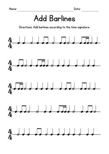 Add Barlines Music Worksheets - 4/4 Time Signature Practice