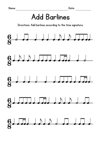 Add Barlines Music Worksheets - 6/8 Time Signature Practice