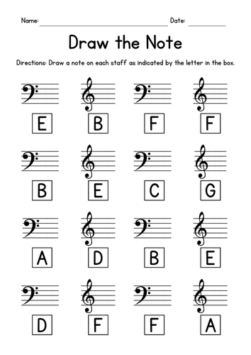 Draw The Note Music Worksheets - Bass and Treble Clef