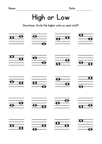 High or Low Music Worksheets - Note Reading Practice