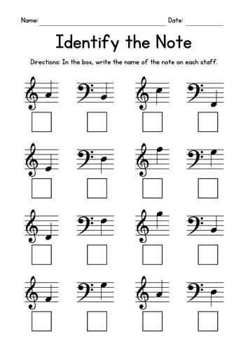 Identify The Note Music Worksheets - Note Reading - Bass and Treble Clef