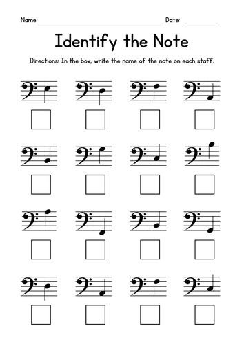 Identify The Notes Music Worksheets - Note Reading Practice Sheets - Bass Clef