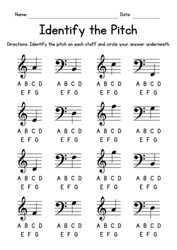 Identify The Pitch Music Worksheets - Note Reading - Bass and Treble Clef