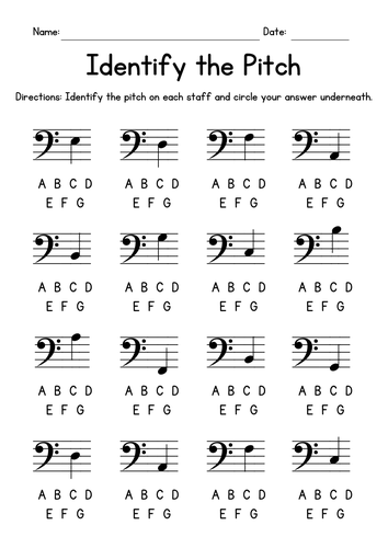 Identify The Pitch Music Worksheets - Note Reading Practice Sheets - Bass Clef