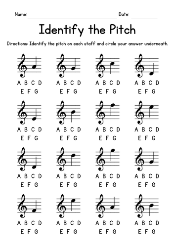 Identify The Pitch Music Worksheets - Note Reading Practice Sheets - Treble Clef