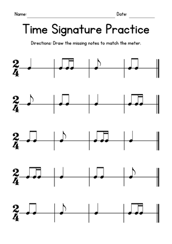 Time Signature Practice Music Worksheets - Drawing Missing Notes - 2/4 Meter