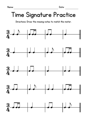 Time Signature Practice Music Worksheets - Drawing Missing Notes - 3/4 Meter