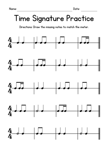 Time Signature Practice Music Worksheets - Drawing Missing Notes - 4/4 Meter