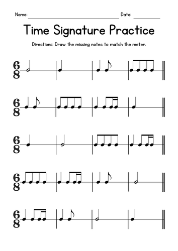 Time Signature Practice Music Worksheets - Drawing Missing Notes - 6/8 Meter