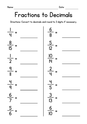 Converting Fractions to Decimals Worksheets
