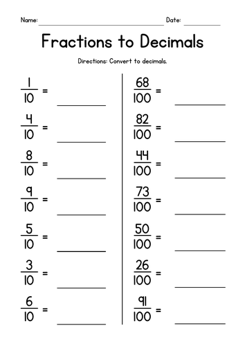 Converting Fractions to Decimals Worksheets