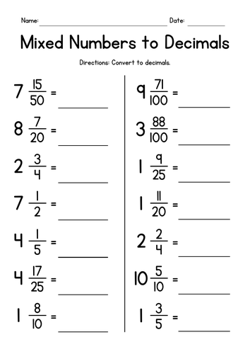 Converting Mixed Numbers To Decimals Worksheets Teaching Resources