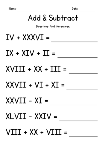 Add & Subtract Roman Numerals Worksheets