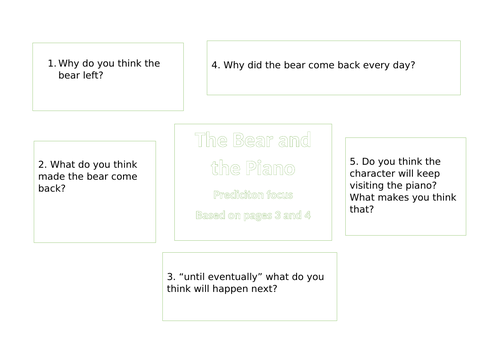 The Bear and the Piano Reading comprehension questions  based on pages 3 and 4 - Prediction focus