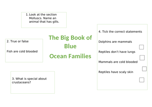 The Big Book of Blue reading comprehension questions based on the section Ocean Families - Retrieval