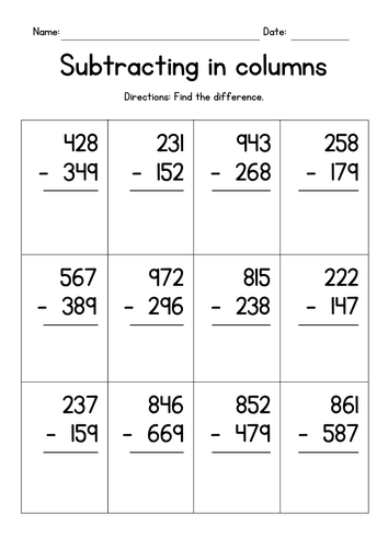Subtracting 3-Digit Numbers in Columns (with borrowing)