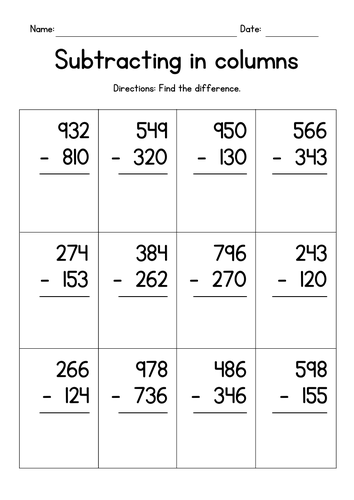 Subtracting 3-Digit Numbers in Columns (no regrouping)