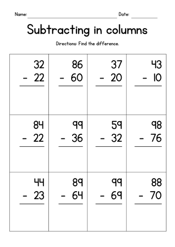 Subtracting 2-Digit Numbers in Columns (no borrowing) | Teaching Resources