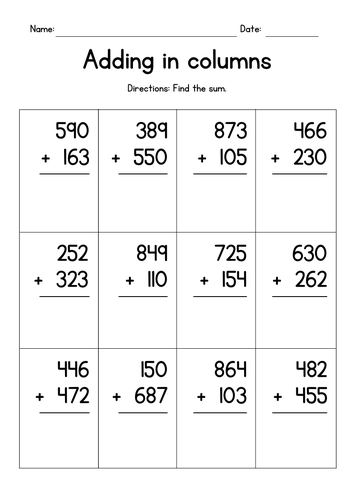 Adding Two 3-Digit Numbers in Columns (no regrouping) | Teaching Resources