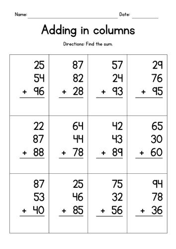 Adding Three 2-Digit Numbers in Columns