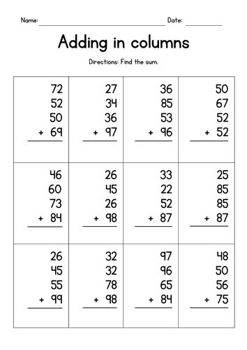 Adding Four 2-Digit Numbers in Columns Worksheets