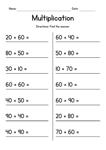 multiplying whole tens by whole tens teaching resources