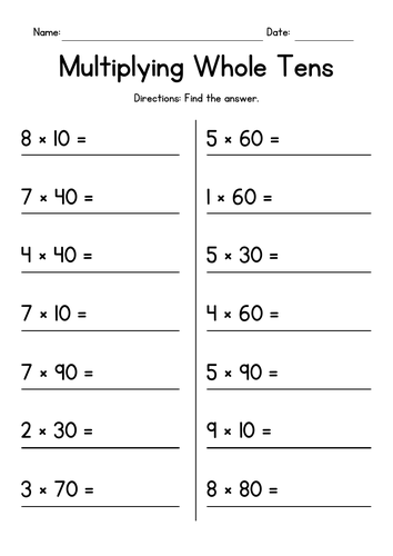 Multiplying Whole Tens by Single Digit Numbers