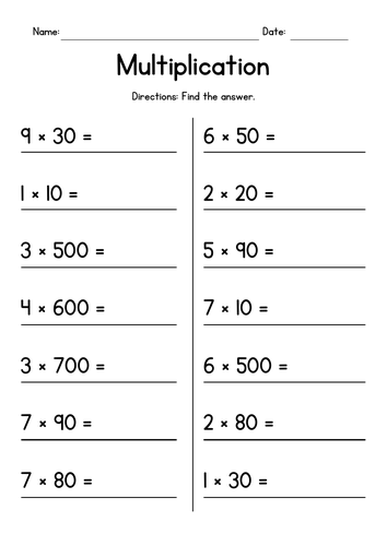 multiplying whole tens and whole hundreds by single digit numbers teaching resources