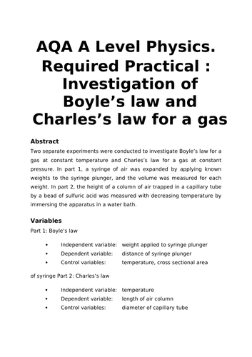 Required Practical 8 Charle's and Boyle's Law Example Write-Up A* Standard