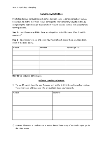 Sampling with skittles worksheet (OCR GCSE Psychology)