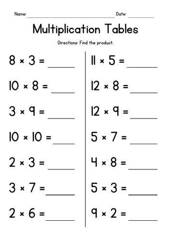 Multiplication Tables - up to 12