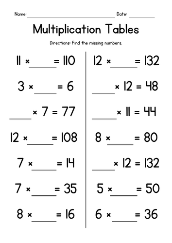 Multiplication Tables - Missing Numbers - up to 12