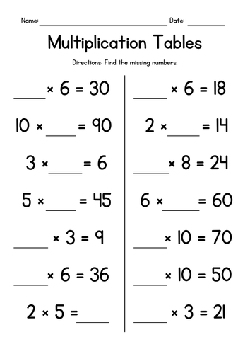 Multiplication Tables - Missing Numbers - up to 10