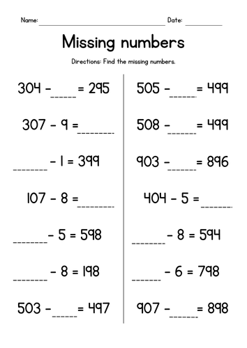 Subtracting from 3-Digit Numbers Worksheets