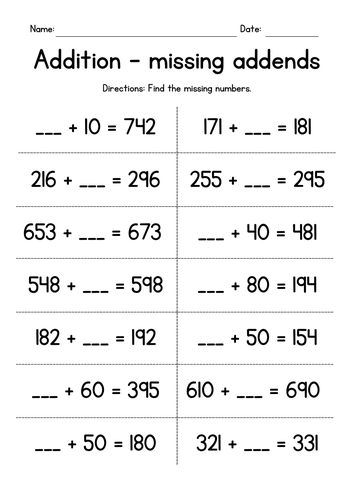 Adding Whole Tens to 3-Digit Numbers (missing addends) | Teaching Resources