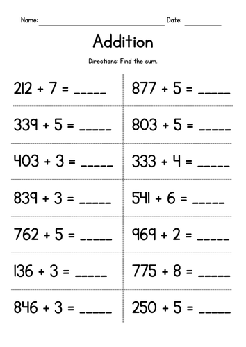 adding 3 digit and 1 digit numbers worksheets teaching resources