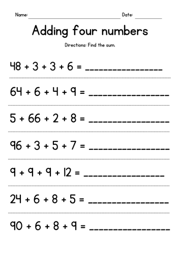 Adding 2-Digit Numbers and Three 1-Digit Numbers | Teaching Resources