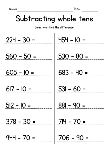 Subtracting Whole Tens From 3 Digit Numbers Teaching Resources