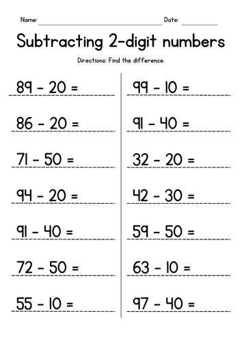 Subtracting Whole Tens from 2-Digit Numbers | Teaching Resources