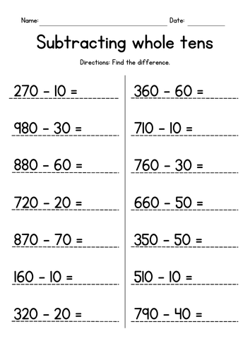 Subtracting Whole Tens - Subtraction Worksheets