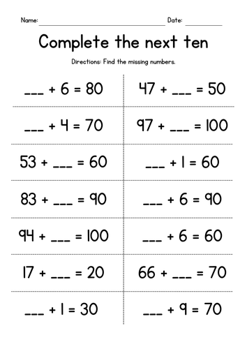 Find the Number to Complete the Next Ten - Addition Worksheets